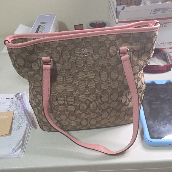 Coach Handbags - Coach Brown Tote with Pink Trim